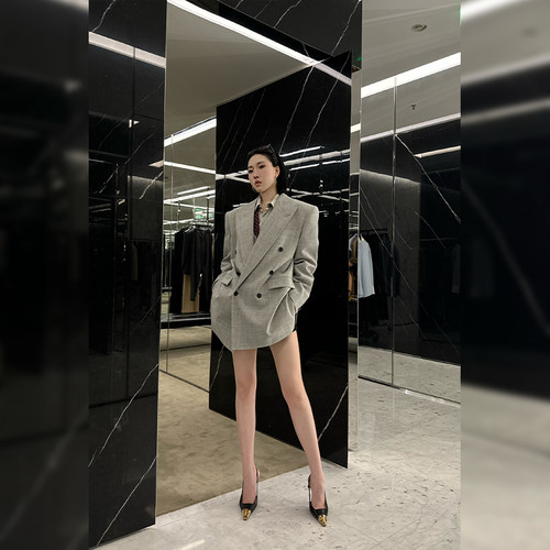 十三粥 Y家廓形圣殿 高级韩版西装外套女秋时尚百搭双排扣戗驳领