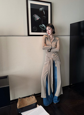 十三粥 呼吸解构 简约时尚连衣裙长款女柔软亲肤修身显瘦V领收腰