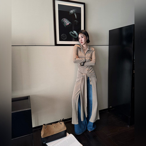 十三粥 呼吸解构 简约时尚连衣裙长款女柔软亲肤修身显瘦V领收腰