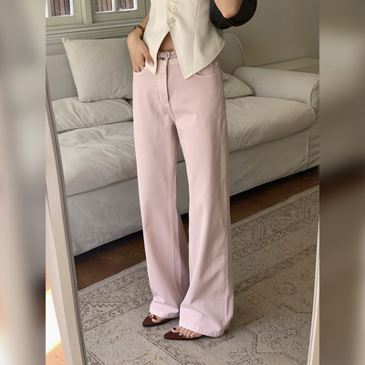 十三粥 牛奶芭乐 休闲四面弹夏季带腰带出游高腰窄版直筒牛仔裤女