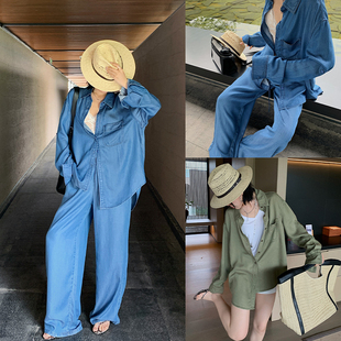 真舒适 套装 莱赛尔水洗翻领牛仔衬衫 凉感宽松直筒裤 女夏季 十三粥