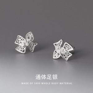 s999纯银女蕾丝蝴蝶结耳钉