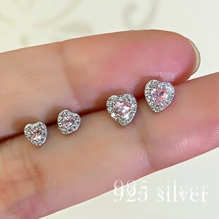 银耳钉999纯银粉色爱心钻石简约小巧男女闪钻耳蜗钉耳骨钉耳环