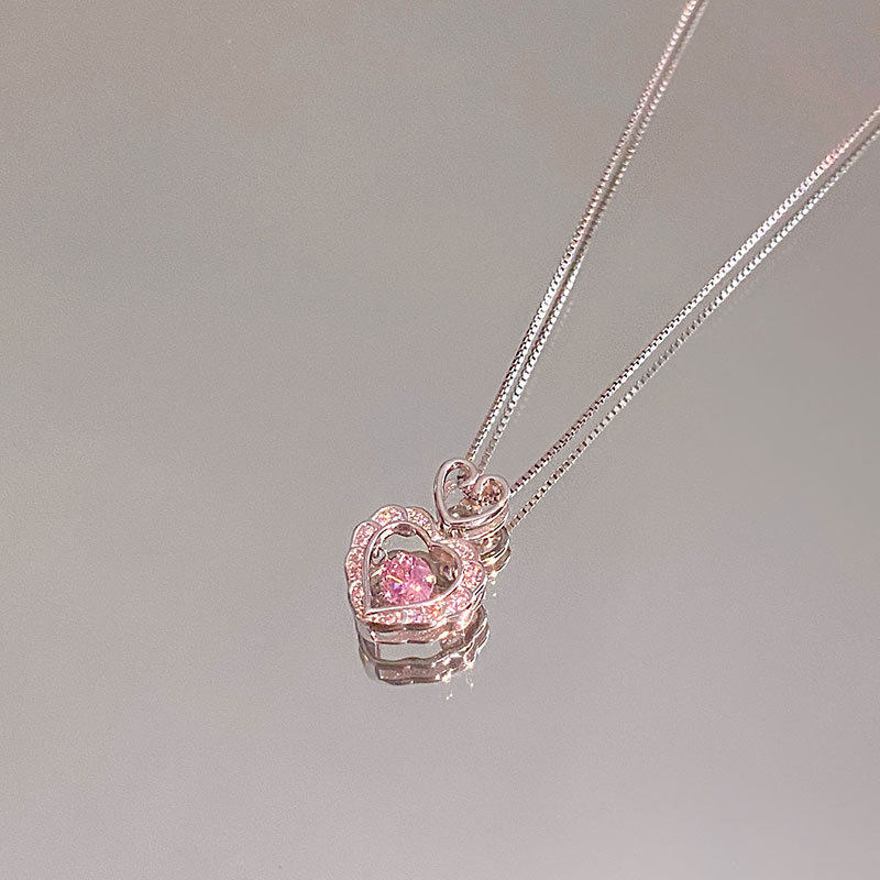 s925纯银o字链女粉色爱心项链