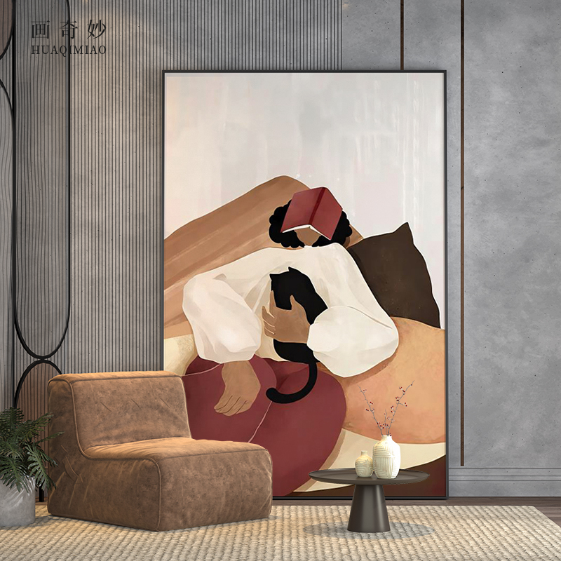 慵懒人物艺术插画个性现代轻奢客厅玄关装饰画背景墙壁画竖版挂画