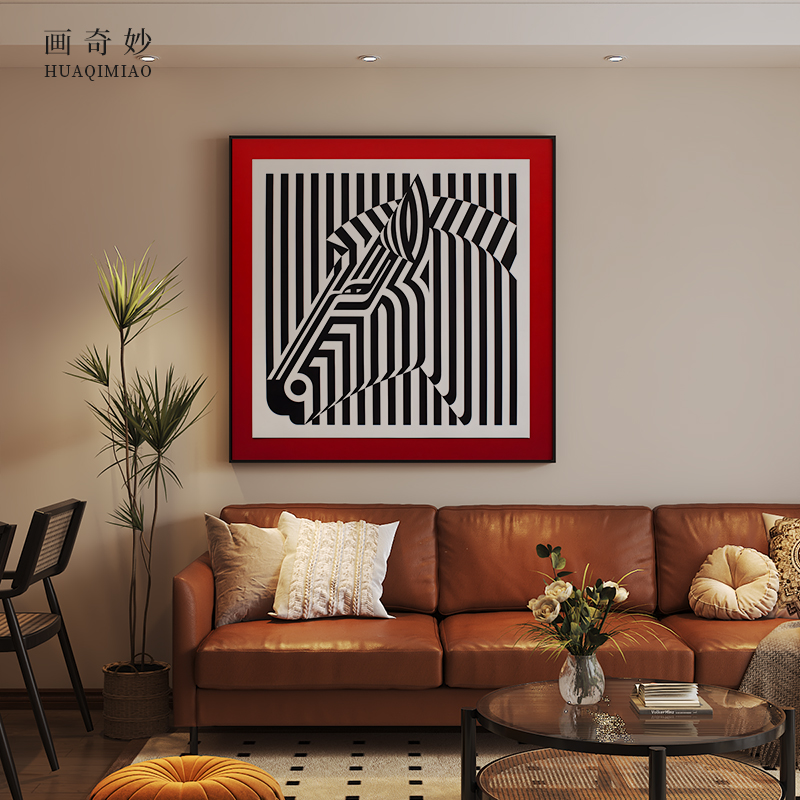 现代轻奢复古风条纹斑马黑色简约客厅玄关装饰画背景墙壁方型挂画图片