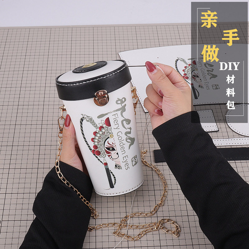 印花国潮水桶包时尚单肩斜挎包洋气斜挎DIY自制奶茶包手工材料包