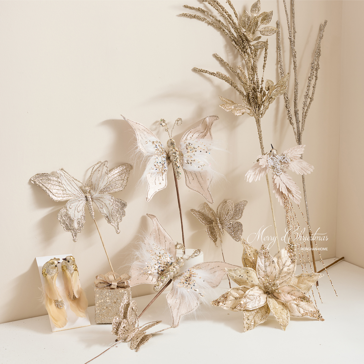 泓瀚香槟色圣诞花蝴蝶蜂鸟插枝