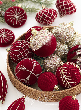 圣诞树装饰品 圣诞球挂件高档植绒酒红色彩绘球酒店商场橱窗挂饰