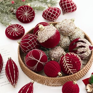 圣诞树装 圣诞球挂件高档植绒酒红色彩绘球酒店商场橱窗挂饰 饰品