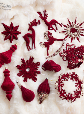 泓瀚圣诞装饰品红色植绒圣诞挂件圣诞花环雪花铃铛圣诞球吊坠挂饰