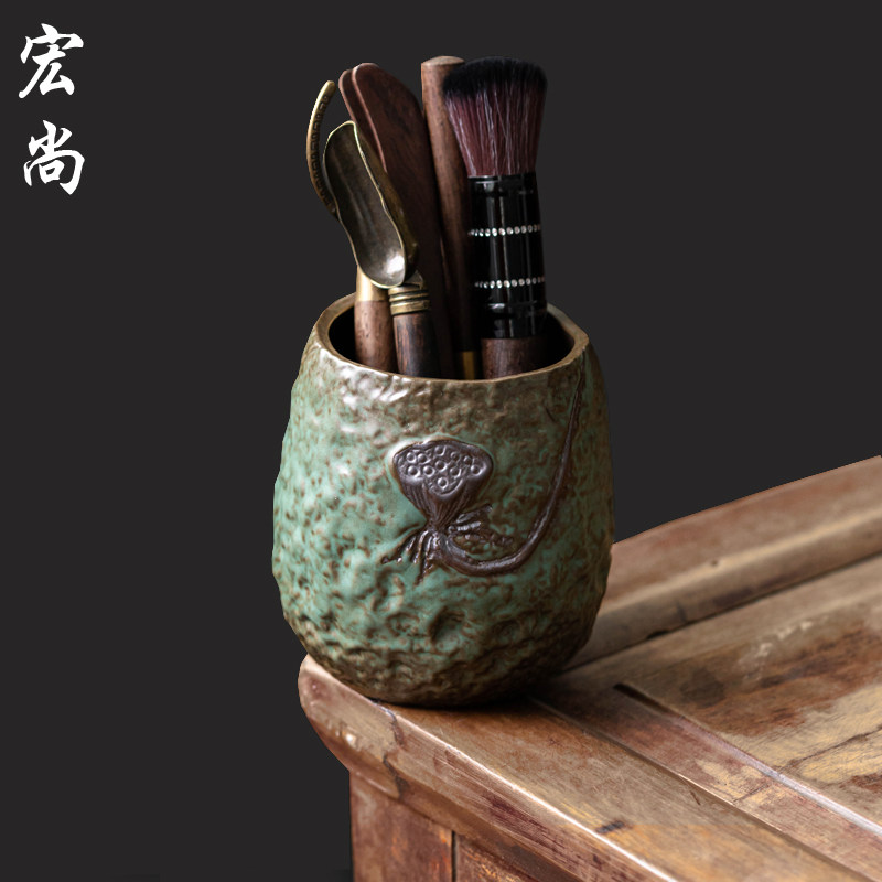 中式粗陶窑变莲蓬茶道六君子套装功夫茶具配件复古绿釉家用黑檀木
