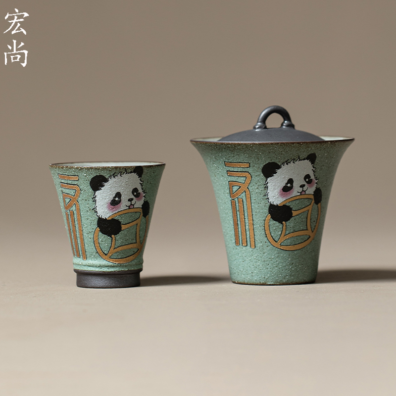 粗陶一壶一杯熊猫泡茶壶
