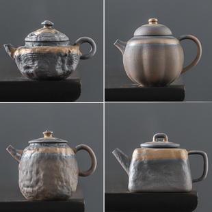 手工粗陶功夫茶具家用办公 宏尚古寂老岩泥手作茶壶汉中泡茶壶日式