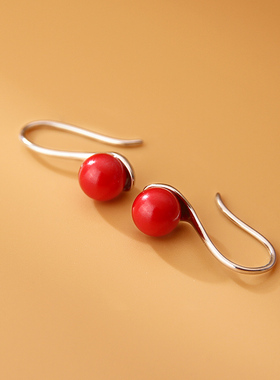 925银新款大红色珠珠耳钉女气质喜庆网红耳坠小众设计感养耳洞潮