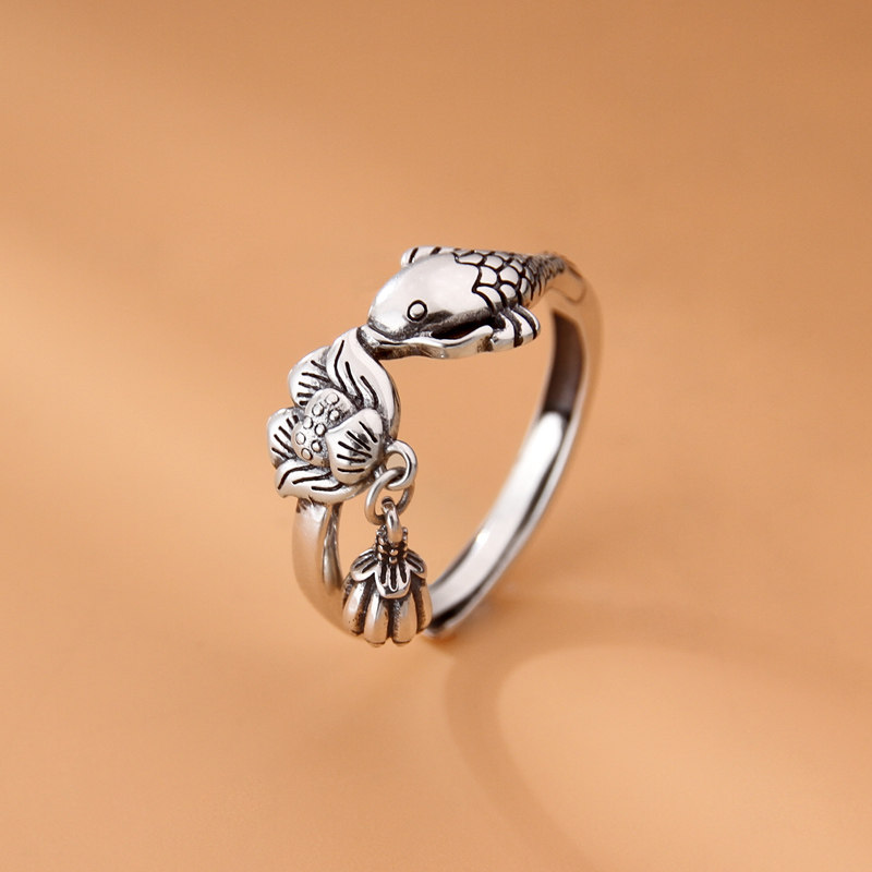 925银戒指女复古锦鲤莲花活口指环精致时尚个性民族风中食指戒男