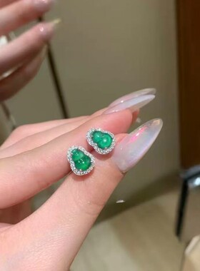 新款国风玛瑙绿玉髓耳钉精致葫芦女款绿色真玉石耳环耳扣时尚新款