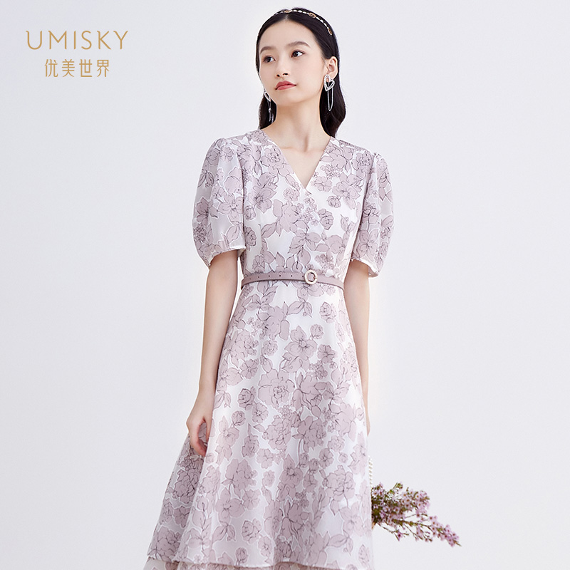 umisky优美世界商场同款夏季款V领简约印花修身连衣裙SG2D1092