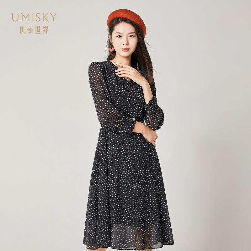 优美世界a字波点雪纺连衣裙