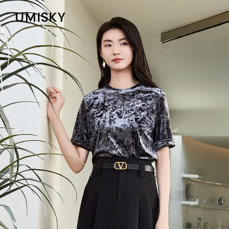 umisky优美世界商场同款夏时尚减龄短袖圆领套头上衣T恤SM1J3704图片