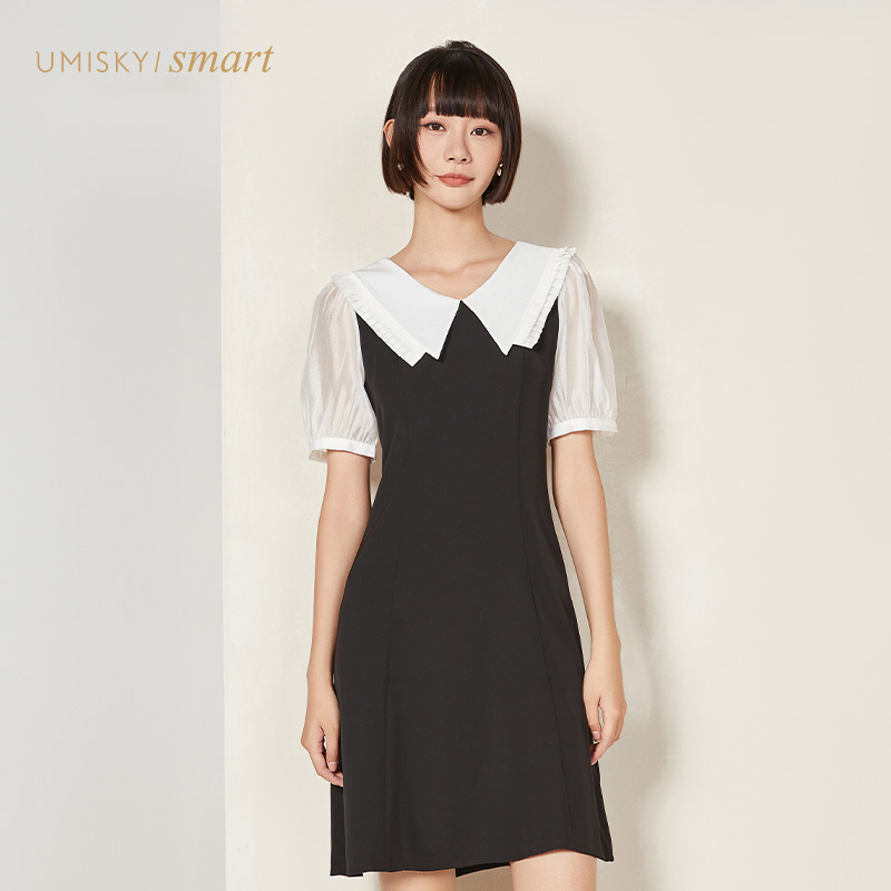 优美世界a字拼色连衣裙