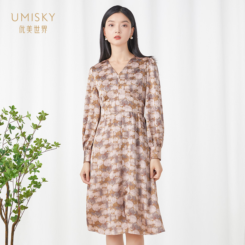umisky优美世界女装正品春季优雅V领收腰印花长袖连衣裙VI1D1002