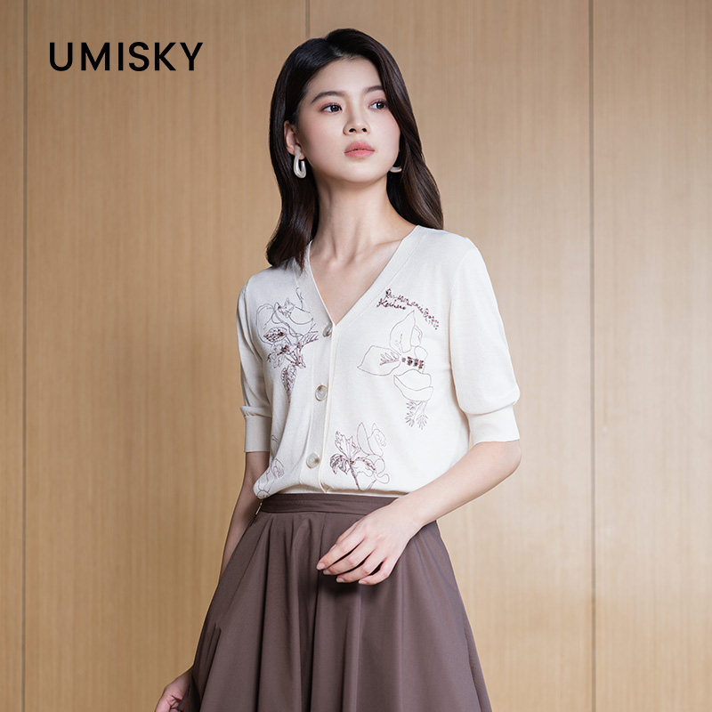 umisky优美世界商场同款夏季V领刺绣短袖针织开衫外套SM2S2852图片