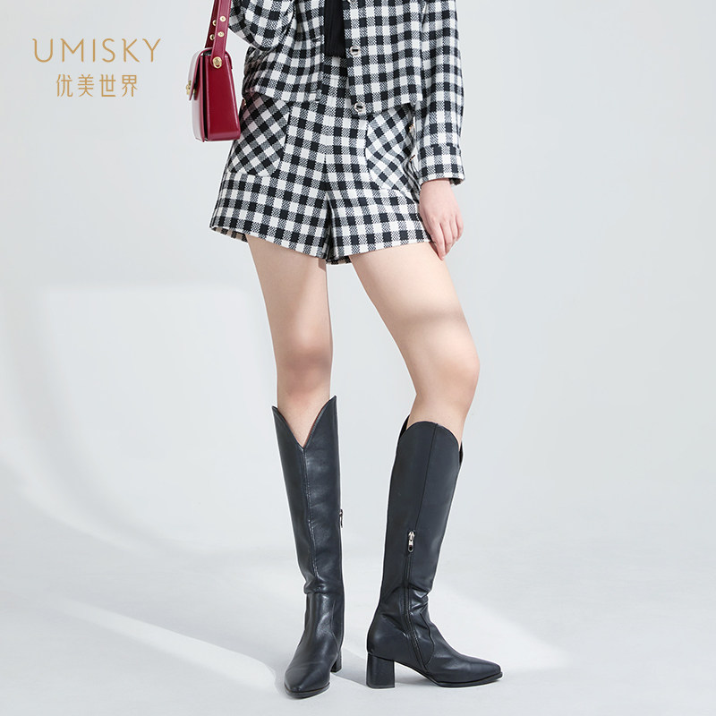 umisky优美世界女装正品冬季时尚复古高腰格子阔腿短裤SG4F1022