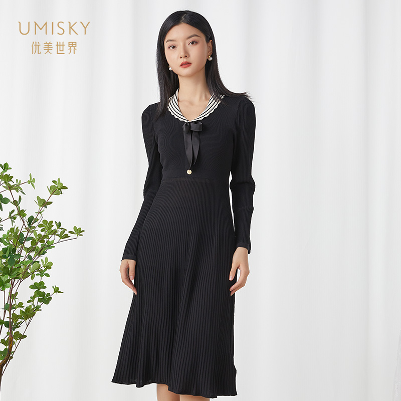 umisky优美世界女装正品春季条纹海军领针织鱼尾连衣裙VI1A1001