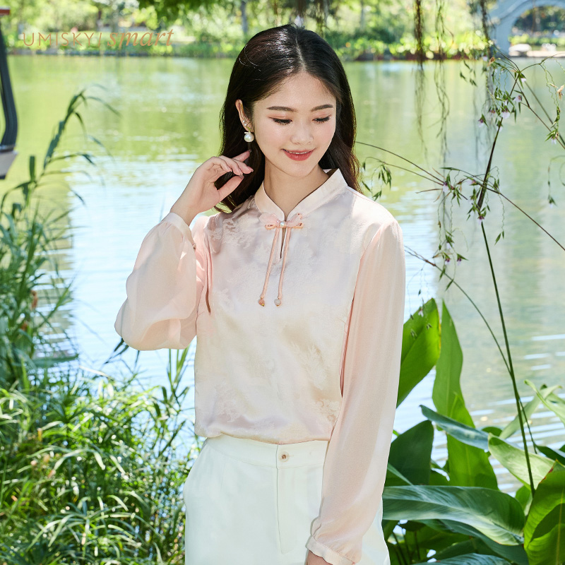 优美世界宽松套头长袖提花衬衣