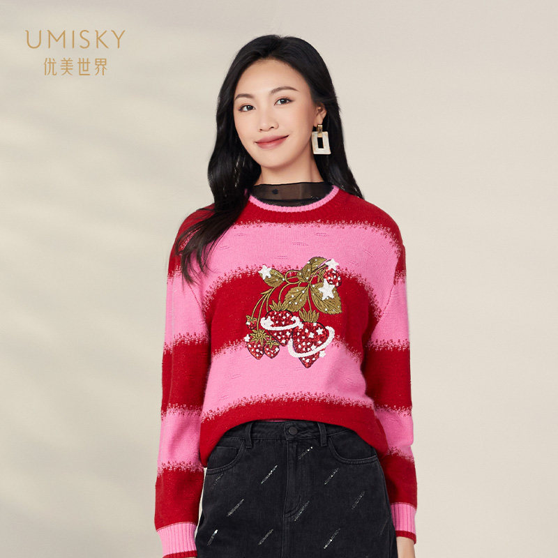 优美世界套头圆领宽松提花毛衫图片
