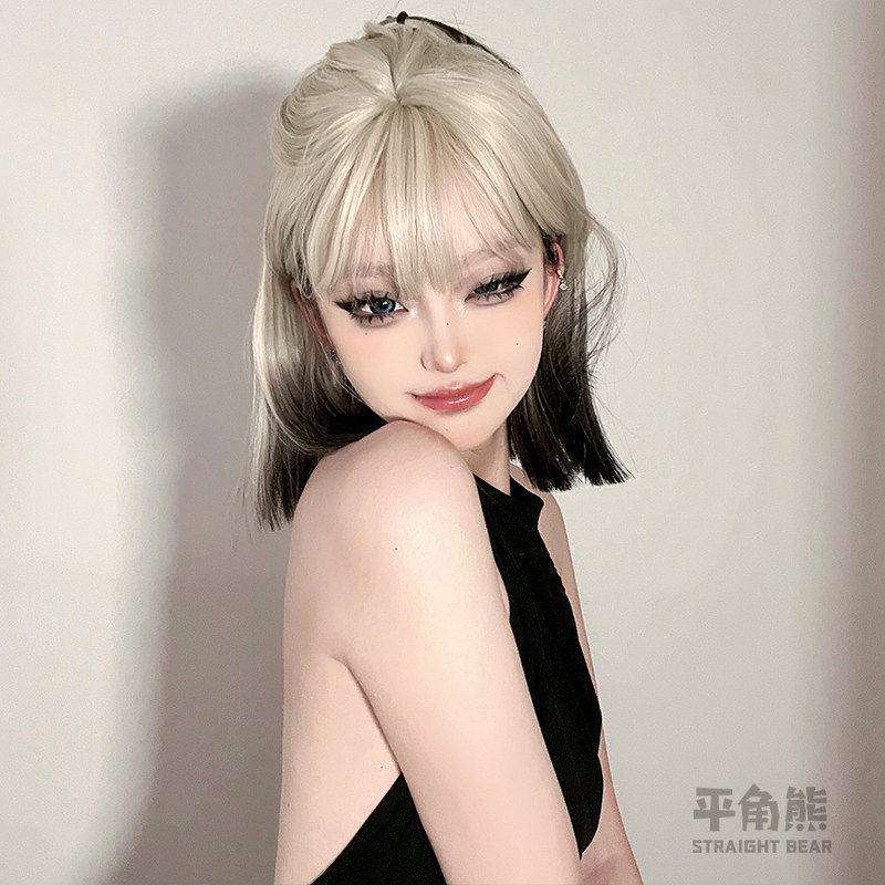 假发女短发全头套网红渐变齐刘海短直发甜美逼真白金色Lolita假发