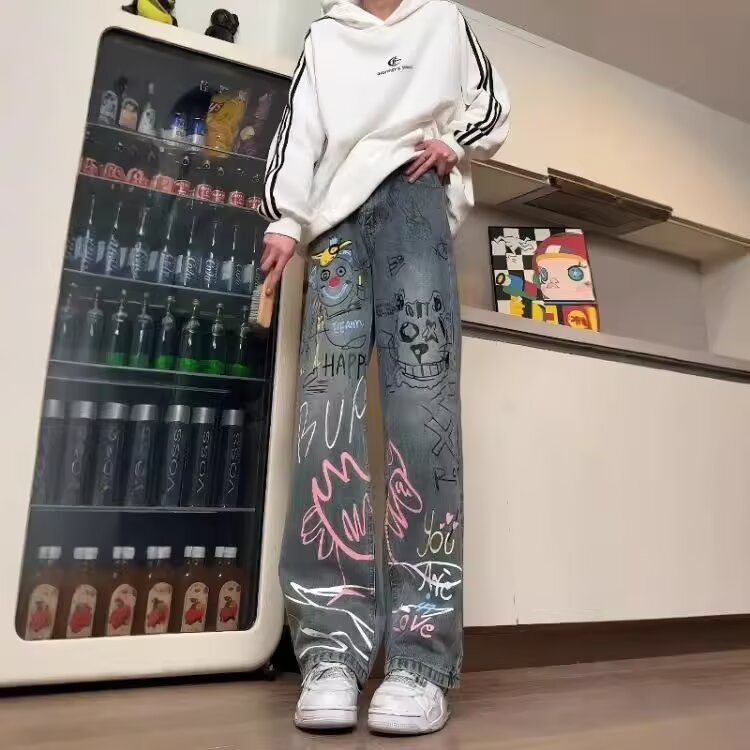 美式高街涂鸦牛仔裤男夏季