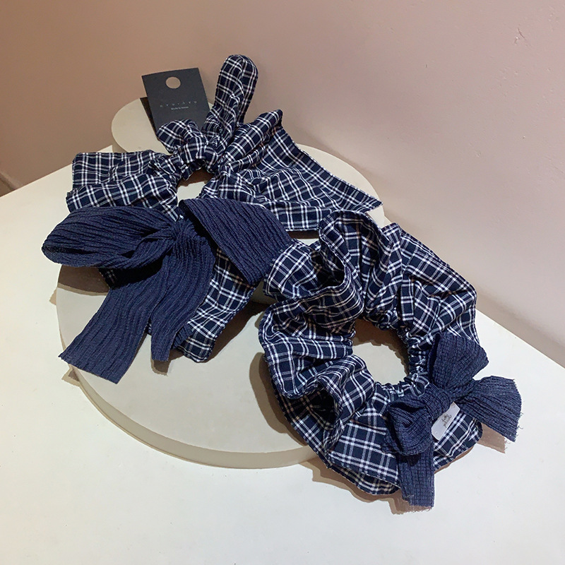 深蓝复古气质格纹方巾大肠发圈新款时尚条纹肌理织带蝴蝶结发绳女