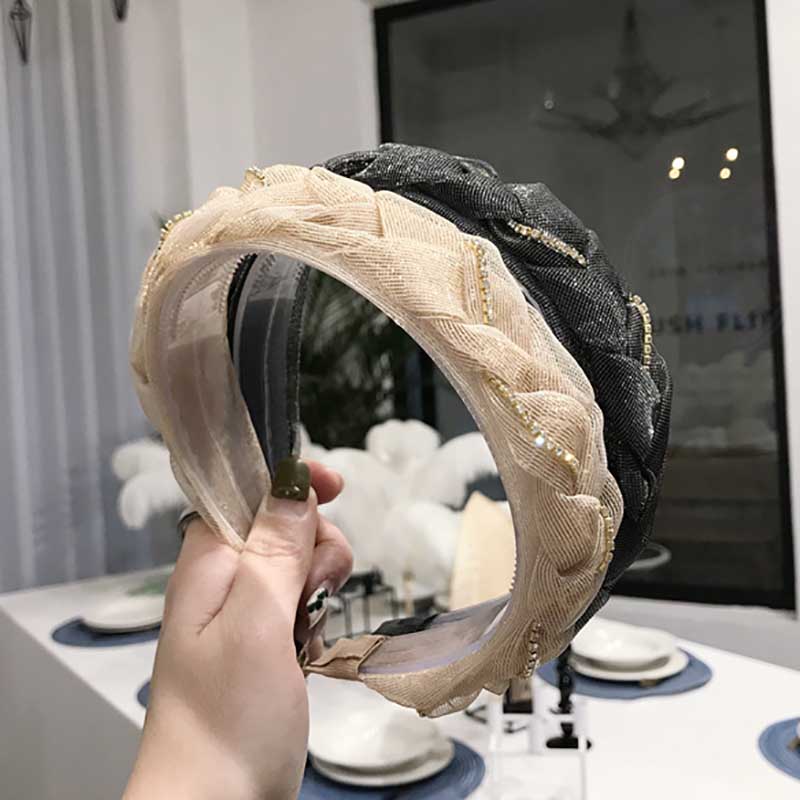 头箍韩版春夏新款发饰蕾丝网纱手工编织麻花辫子链条宽边发箍女士