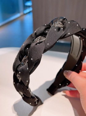 黑色烫钻～满天星水钻麻花辫子发卡带齿防滑头箍低头不掉发箍发饰