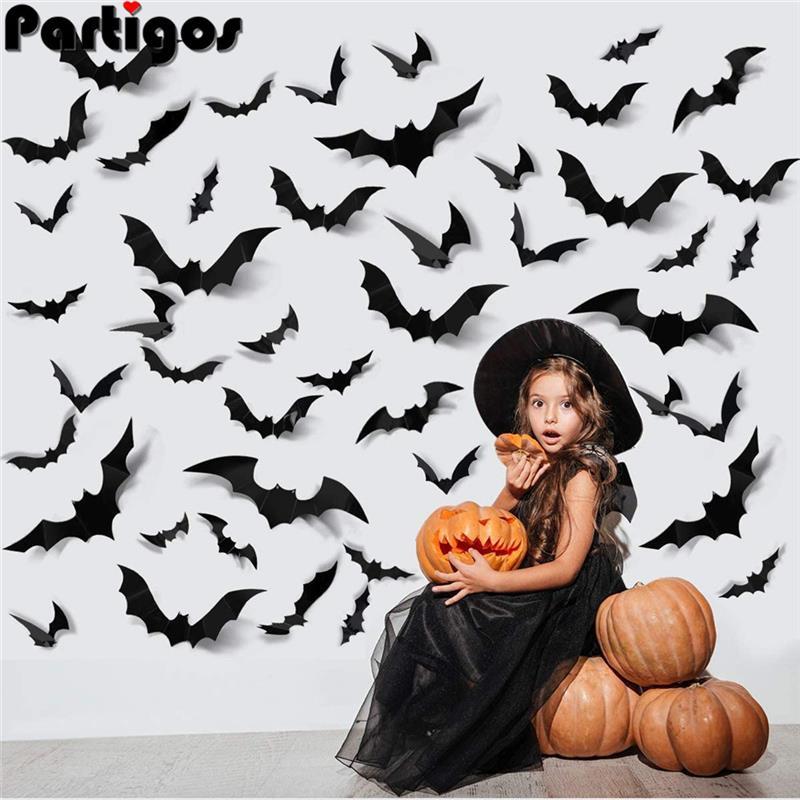 24/48pcs Halloween Decoration 3D Black PVC Bat Halloween