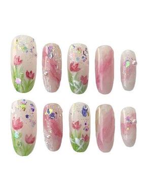 Pink Smudging Fake Nails with Tulip Printed Easy to Apply