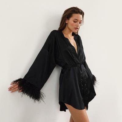 Feather Bathrobes Satin Sexy Mini Dress Long Sleeve Loose Pe