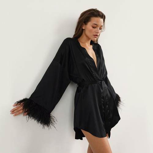 Feather Bathrobes Satin Sexy Mini Dress Long Sleeve Loose Pe