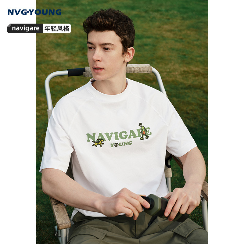 【冰丝】NAVIGARE意大利小帆船夏季男士短袖T恤白色休闲圆领