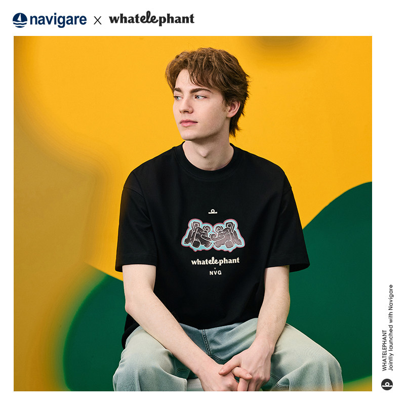 [乜象联名款]NAVIGARE小帆船夏季新款黑色情侣宽松短袖圆领