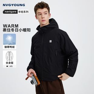 NAVIGARE意大利小帆船黑色连帽羽绒服男冬季新款休闲加厚保暖外套