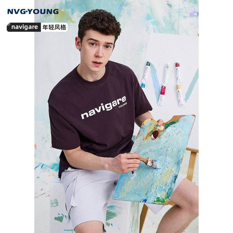 [纯棉]NAVIGARE意大利小帆船紫色字母T恤男短袖新款休闲圆