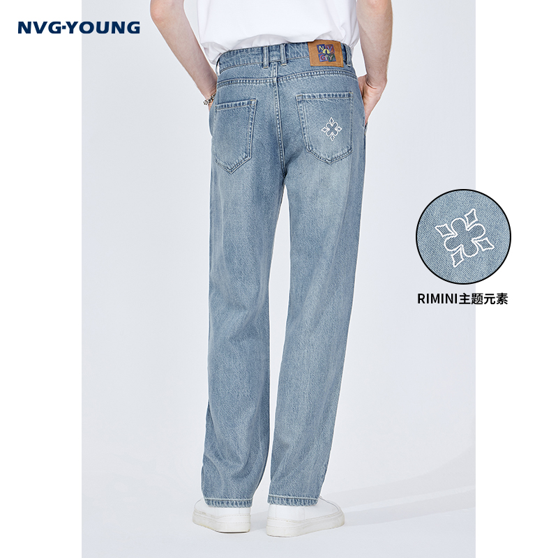 NAVIGARE休闲意大利小帆船水洗牛仔裤男蓝色休闲直筒薄款裤子春夏
