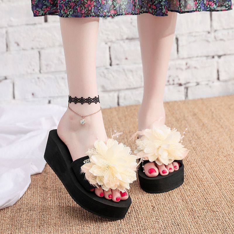 高跟拖鞋女夏花朵厚底百搭一字拖防滑休闲爆款外穿坡跟海边沙滩鞋,女鞋,一字拖,淘宝优惠券,粉丝福利购,淘宝优惠卷