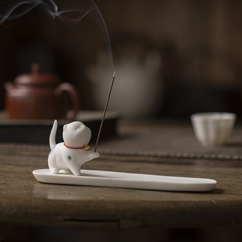 陶瓷线香插香座招财可爱小猫咪茶道香薰炉沉香托盘家用卧室点香器