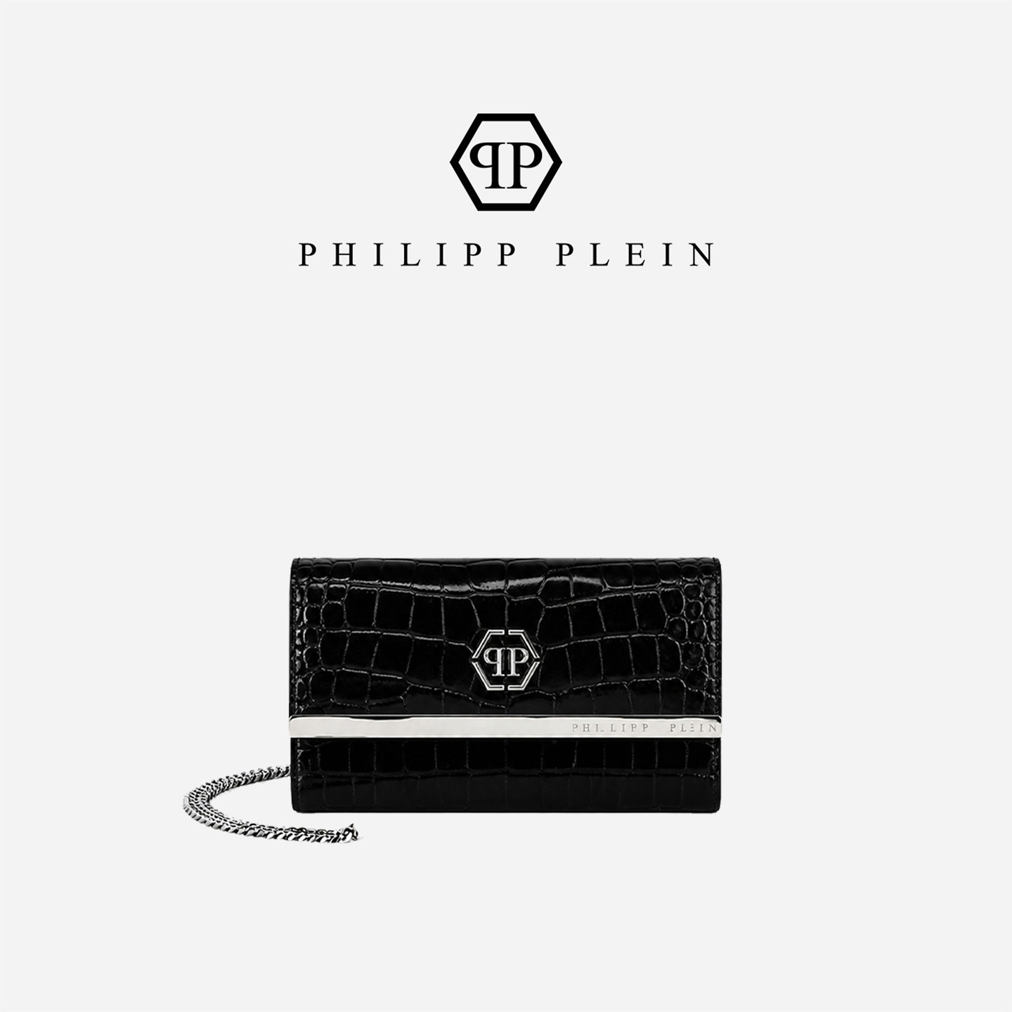 PHILIPP PLEIN 女士链条小方包黑色鳄鱼压纹手拿包日常斜挎信封包