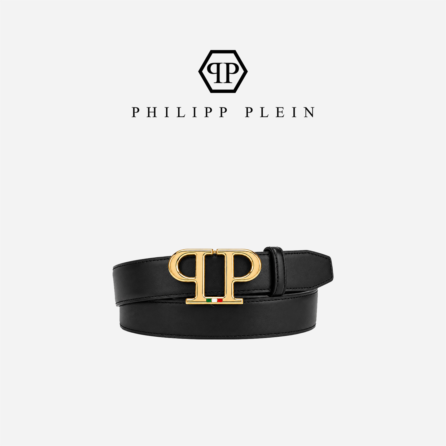 PHILIPP PLEIN 男士经典PP造型简约纯色牛皮腰带商务休闲装饰皮带