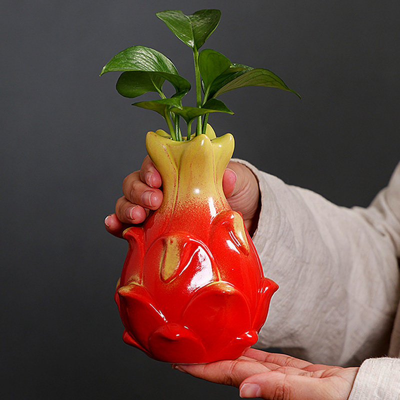 火龙果橘子陶瓷水培绿植铜钱草绿萝客厅办公室桌面花器仿真花花瓶